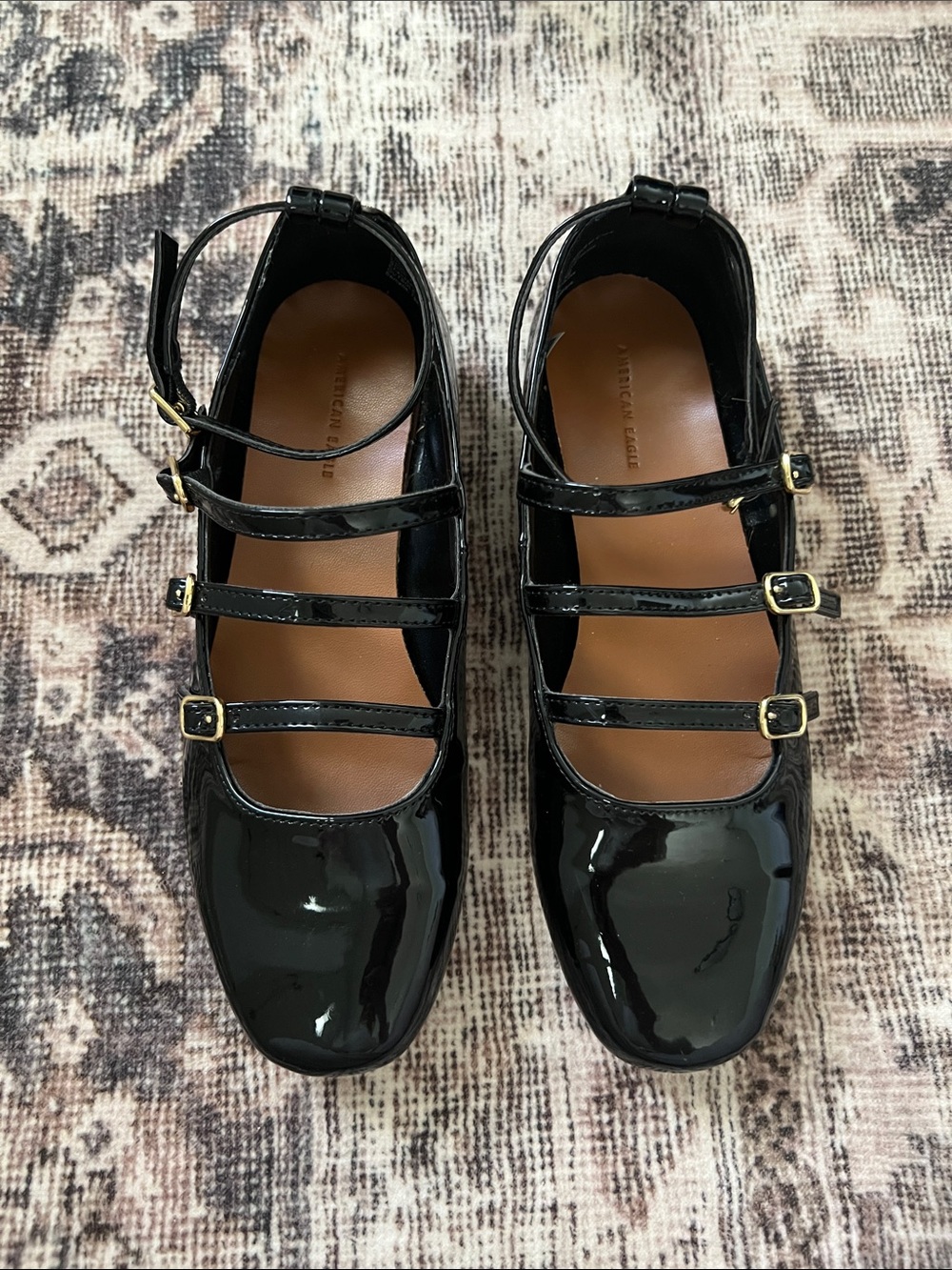 American Eagle Outfitters Black Patent Triple-Strap Mary Jane Flats